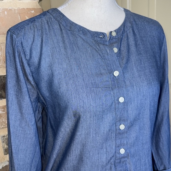 LOFT Blue Chambray Pleated Button Front Henley Popover Tunic Tie Cuffs Sz S - Picture 2 of 15